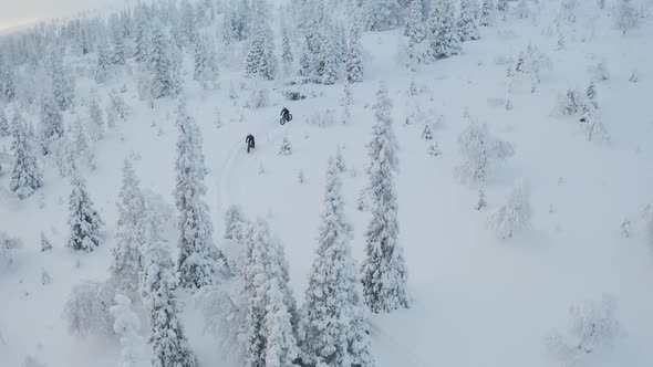 Aerial view of three people on fatbikes going downhill through snowy forest in Lapland Finland. alt