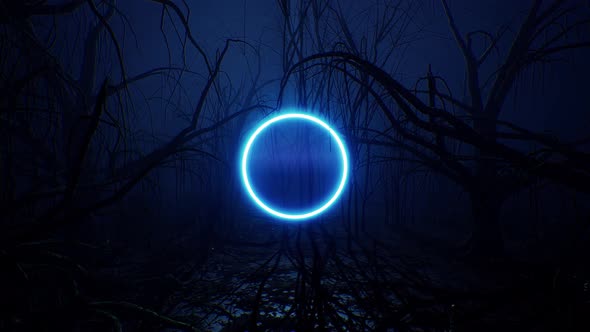 Glowing Blue Neon Circle Light In The Dark Forest 4K alt