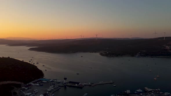 aerial yatch marine at sunset
