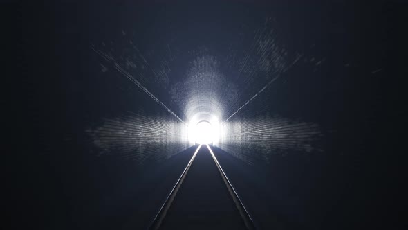 Train leaving an old underground tunnel. Train driver perspective. Bright light.