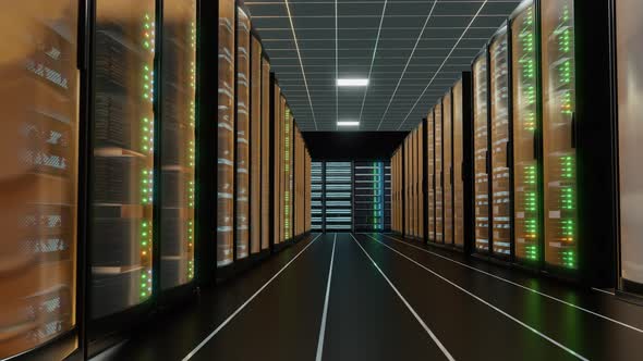 A data processing and storage center with rows of hosting servers. alt