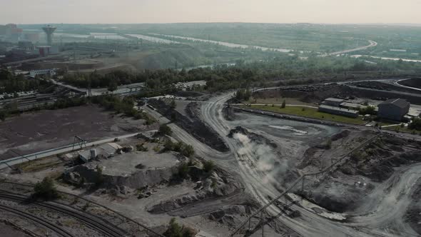 Aerial view; drone moving forward over the steel plant site