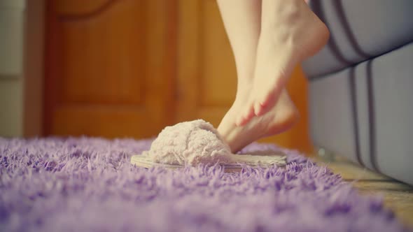 Girl Waking Up Legs Feet In Bedroom. Comfort Cozy Morning. Awake Bedtime Early Morning. alt