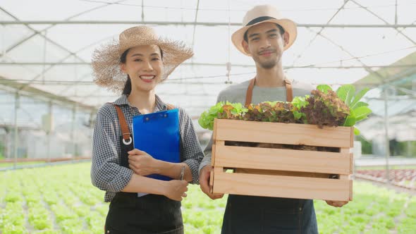 Portrait of Asian farmers couple work in vegetables hydroponic farm. alt