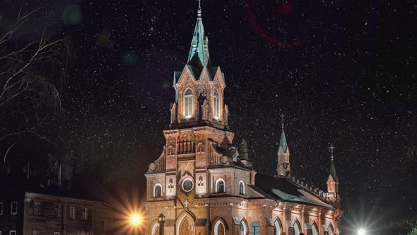 Night Stars Timelapse Red Brick Old Kostel Catholic Church Cathedral