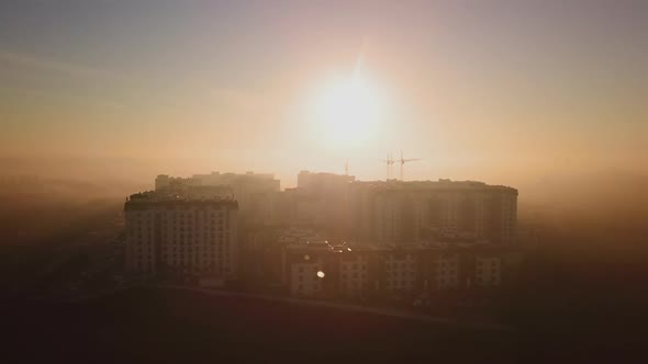 Morning Flight at Dawn Over the Construction of Houses, Beautiful View