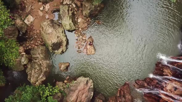 Namaung Waterfall Landscape on Koh Samui in Thailand and Figure Man