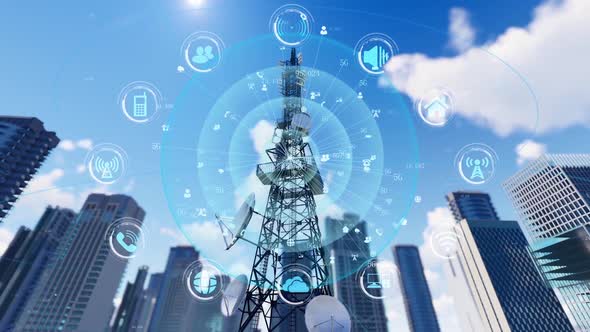 5g Base Station Communication Network Connects All Things To An Interconnected Smart City