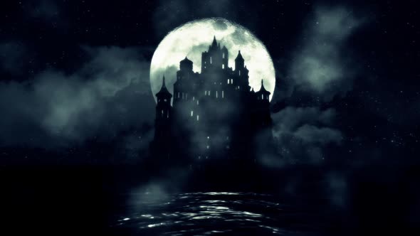 A Big Black Castle in The Middle of the Sea with a Rising Full Moon ...