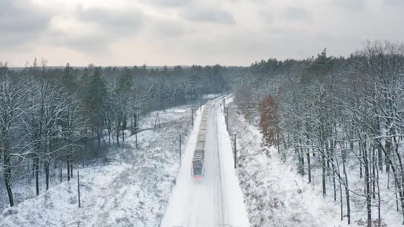 Electric train traveling through the winter forest. alt