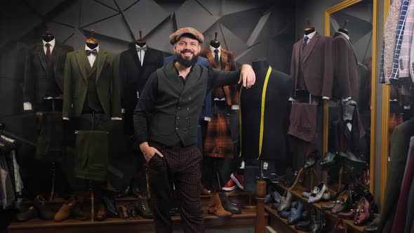 Creative Stylist Portrait. Bearded Tailor Portrait. Handmade Costume Designer Works in His Store alt