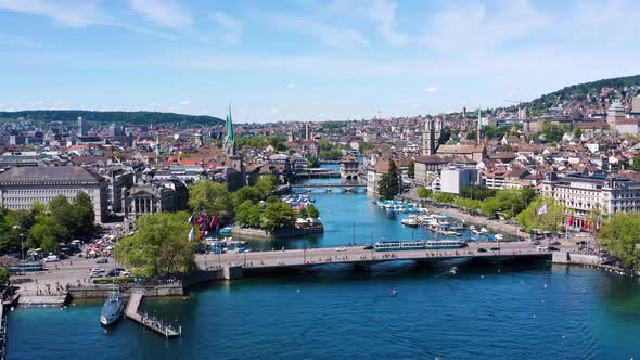 4k drone Aerial view of Zurich  city waterfront in Switzerland