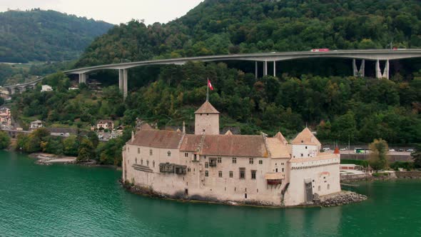 Aerial Landscape with Medieval Chillon Castle on Geneva Lake in Switzerland