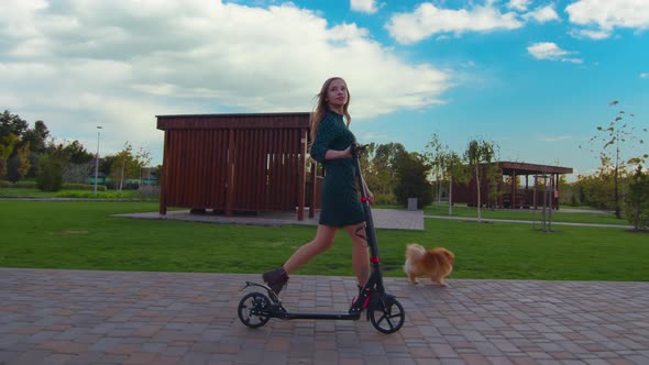 Adorable Young Girl Walking with Her Cute Dog Shpitz in Warm Sunny Day Slowmotion alt