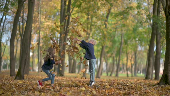 Happy Children Play in the Autumn Park.