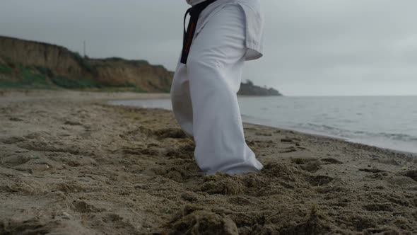 Closeup Legs Sporty Man Exercising Sandy Beach alt