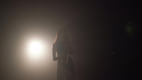 Young Beautiful Girl in a Dark Dress Plays on a Golden Shiny Saxophone on Stage alt