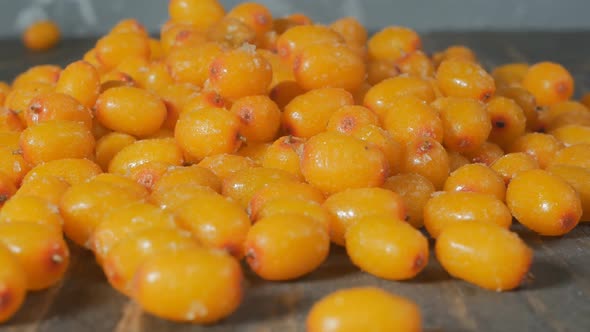 Heap of Frozen Yellow Sea Buckthorn Berries with Pieces of Ice on a Wooden Background