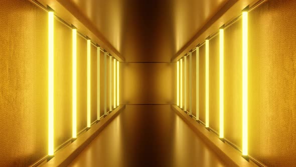 Beautiful Golden Tunnel Hall of Neon Lights Shiny Reflections Glowing - 4K alt