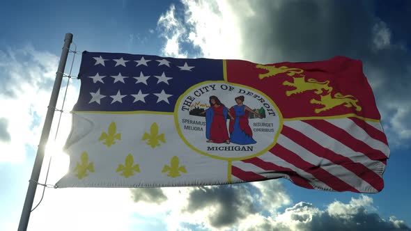 Detroit City Flag City of USA or United States of America Waving at Wind in Blue Sky alt