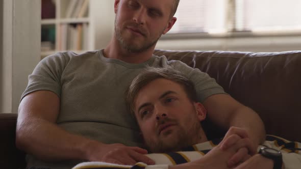Caucasian male couple in social distancing in their sofa at home alt