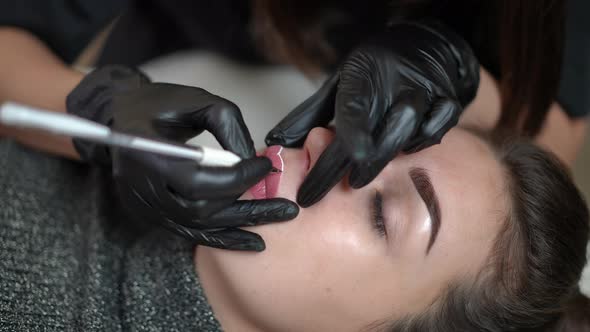 Closeup Top View Face of Young Beautiful Woman with Tattoo Master Hands Contouring Lips in Slow alt