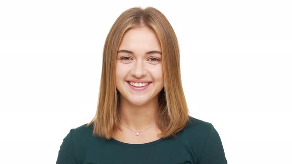 Portrait of Amazing Woman with Caucasian Appearance Feeling Good Smiling with Perfect Teeth While alt