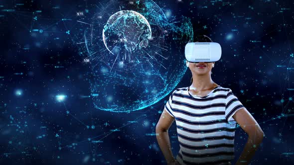 Digitally generated video of woman using virtual reality headset 4k alt