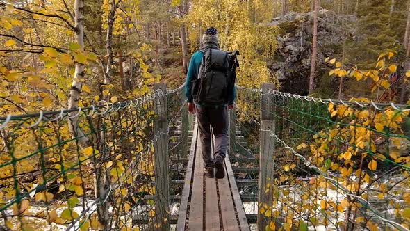 Man Walks on the Suspension Bridge in Oulanka National Park at Autumn in Finland alt