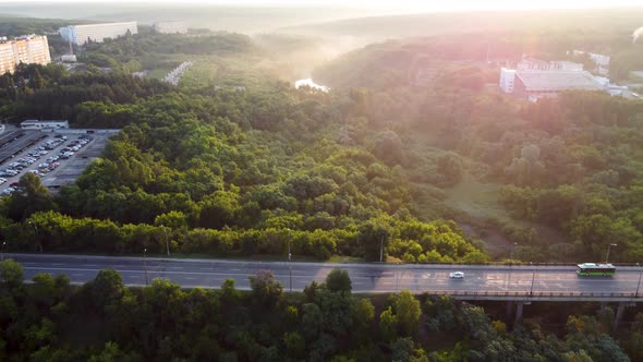 Aerial morning road way in greenery, Kharkiv city