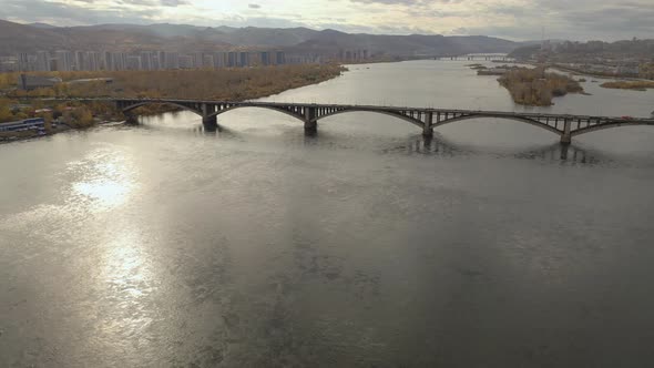 Aerial View of the Municipal Bridge Over the Yenisei River in Krasnoyasrk.
