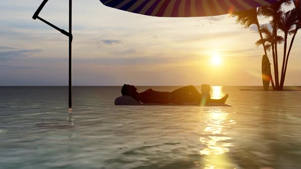 Woman Sunbathing in Water Bed at Sea at Sunset