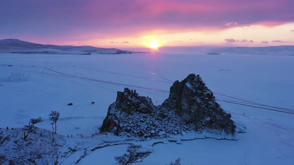Shaman Rock in Frozen Lake Baikal alt