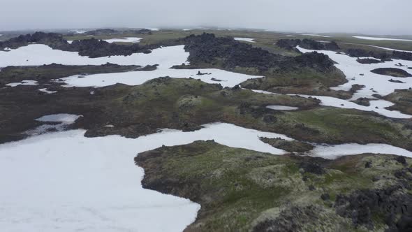 The Magma Stone Field of Gorely Volcano Covered with Fog