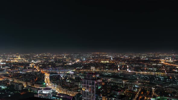 Moscow City Panorama to the Ministry of Foreign Affairs Night Timelapse Aerial