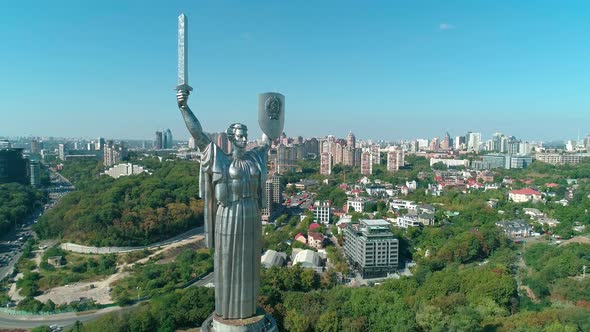 Aerial Drone Footage. Fly Out From Motherland Monument in Kyiv
