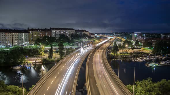 Highway bridge late night traffic in Stockholm
