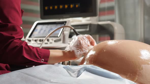 Prenatal Testing with Ultrasonography. Ultrasound Specialist Examines Pregnant Woman, Close-up