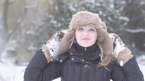 Beautiful Young Female Smilling Happy Enjoying Snow Winter Holidays alt