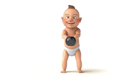 Fun 3D cartoon of a baby doing kettlebells alt