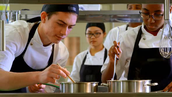Chef preparing food in kitchen at restaurant 4k alt