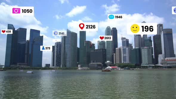 Social Media Icons Fly Over City Downtown Showing People Engagement Connection alt