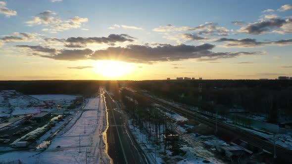 Aerial Hyperlapse of Train station and Sunset Clouds, Moscow, Russia
