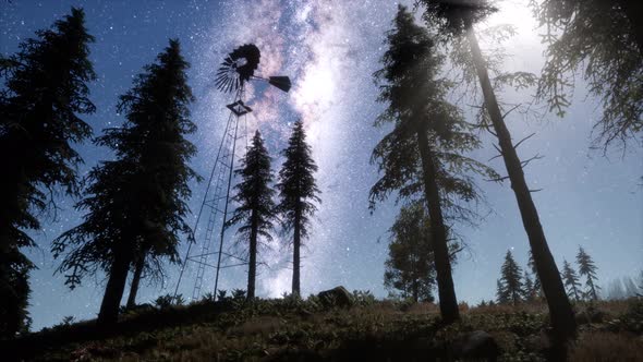 Retro Windmill in Mountain Forest with Stars. Hyperlapse alt
