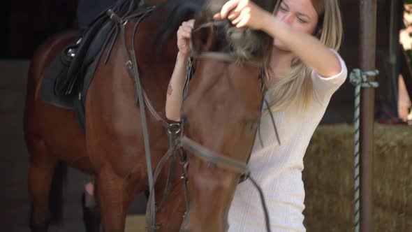 Young Woman Preparing Her Horse Putting Bridle and Harness