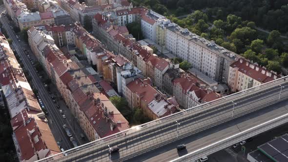 Aerial drone view of prague bridge highway