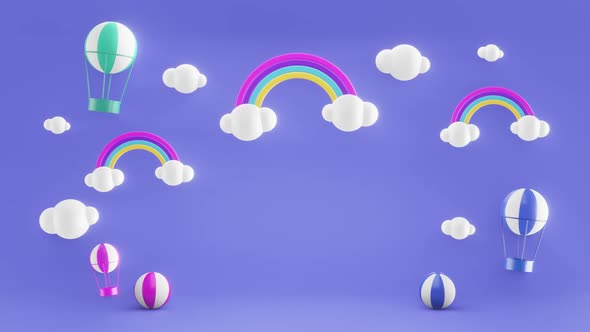 Cartoon blue background with clouds, rainbow and air balloons