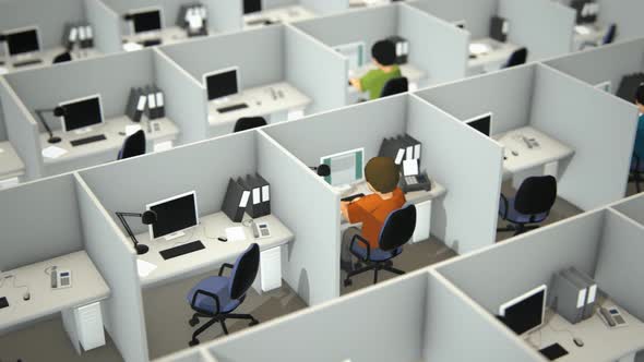 View of the corporate open room with white cubicles and employees working in it.