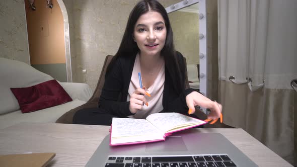 Student Girl Speak Looking at Laptop Language Course Class with Online Teacher