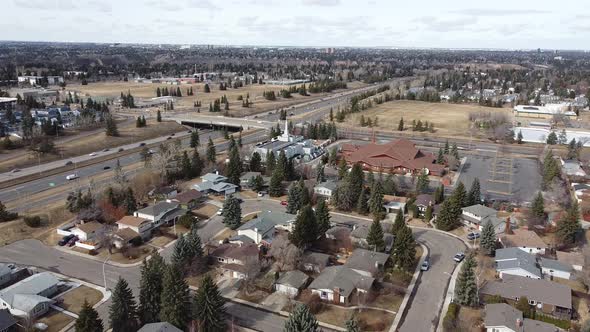 Aerial tracking towards Mormon LDS Temple in Edmonton Alberta alt